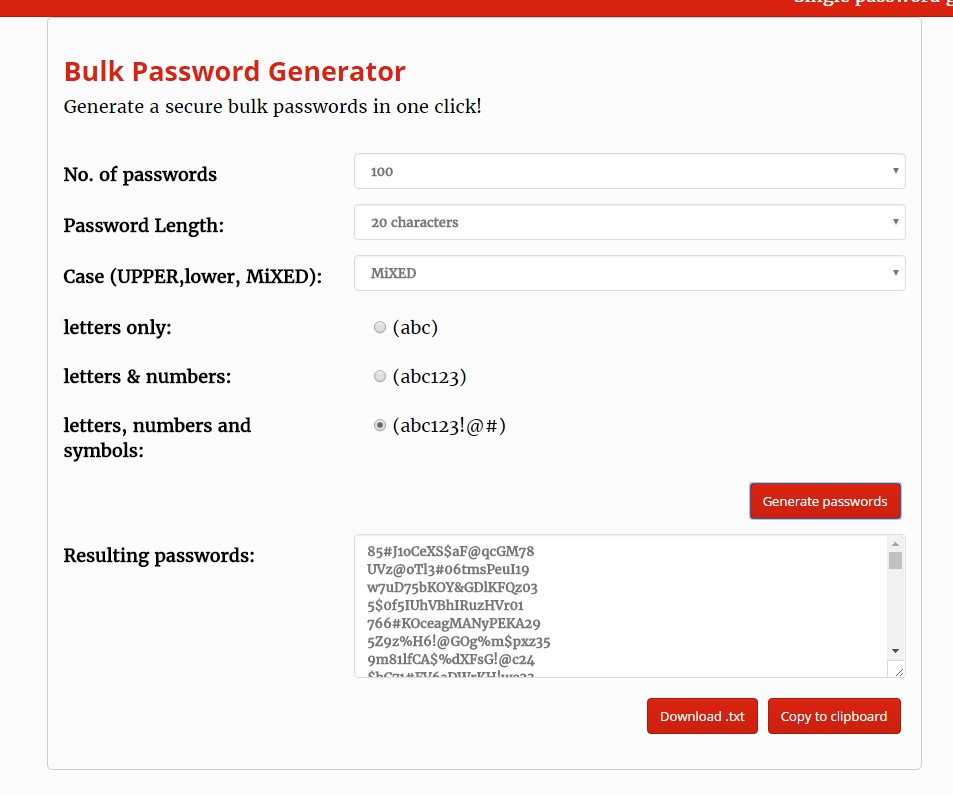 Bulk Secure Password Online generieren