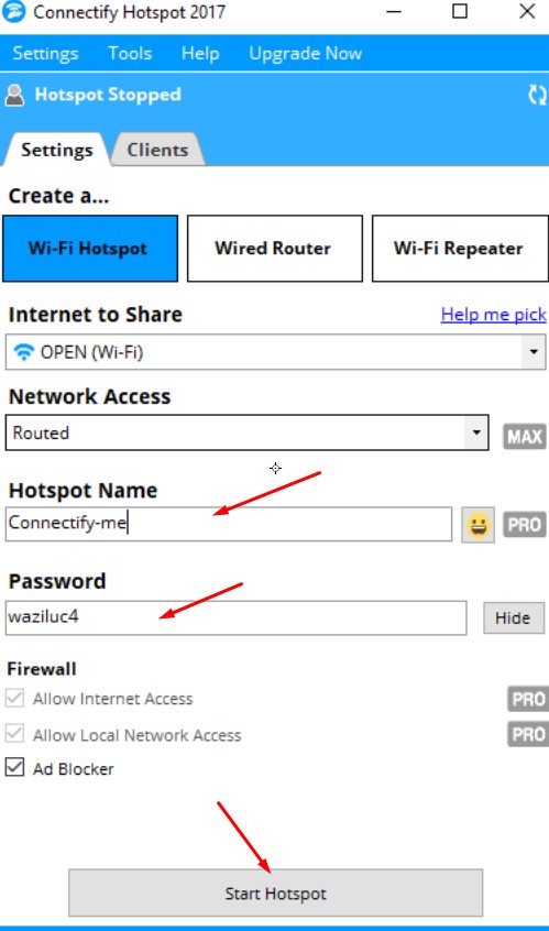 Create a Wifi Hotspot using Connectify Hotspot 2017
