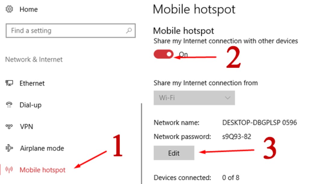 Windows 10 Wifi Hotspot-instellingen