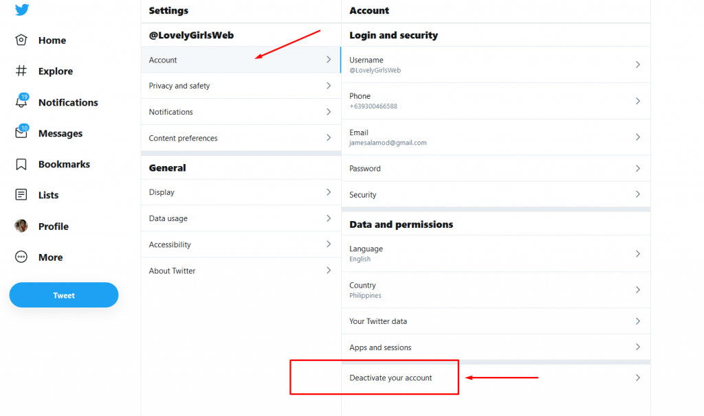 Deactivate or delete twitter account