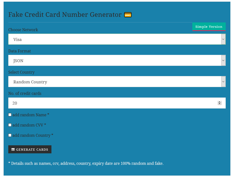 fake name generator credit card validator