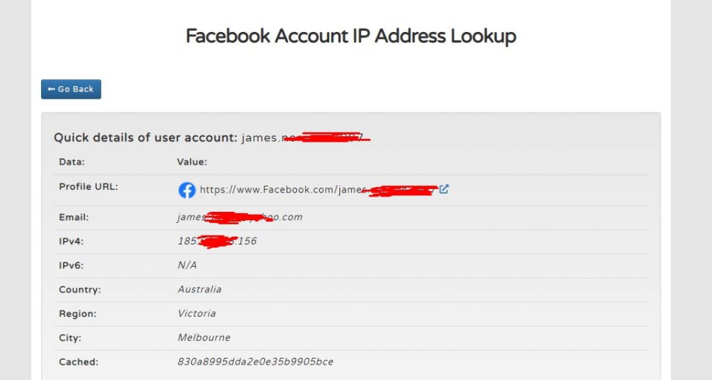 Facebook IP Lookup result